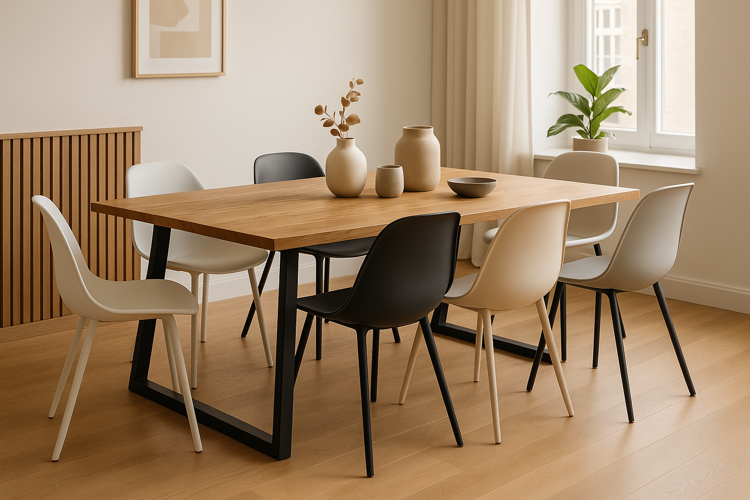 Moderne kuipstoelen in de eetkamer met een eettafel van hout en zwart metaal.