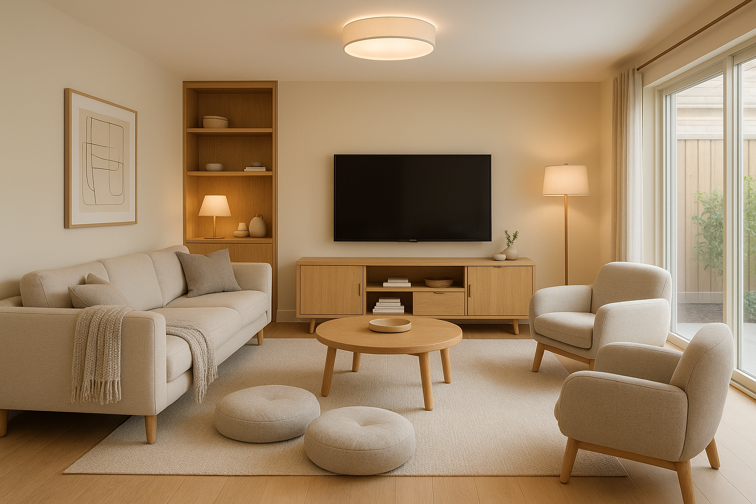 moderne woonkamer met comfortabele en familie vriendelijke meubels
