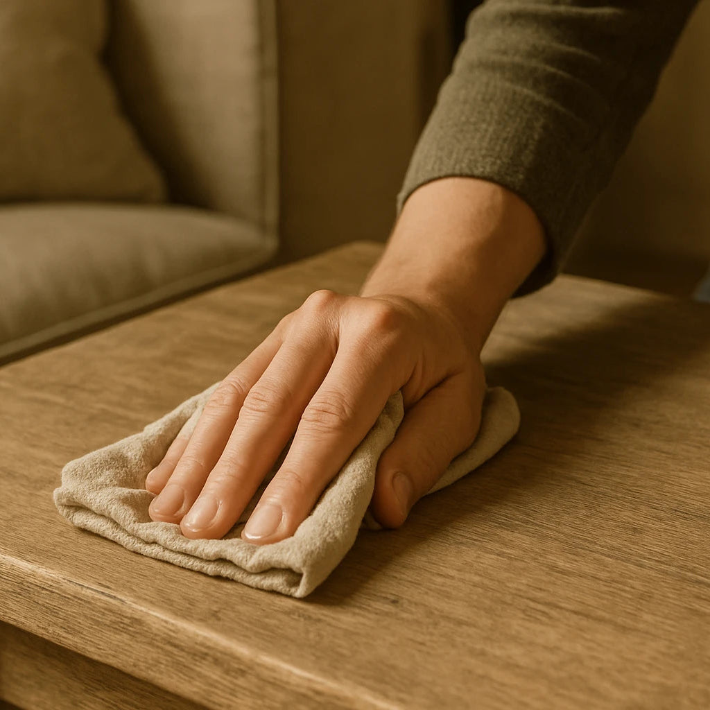 Een hand die een landelijke meubel schoonmaakt met een doek.