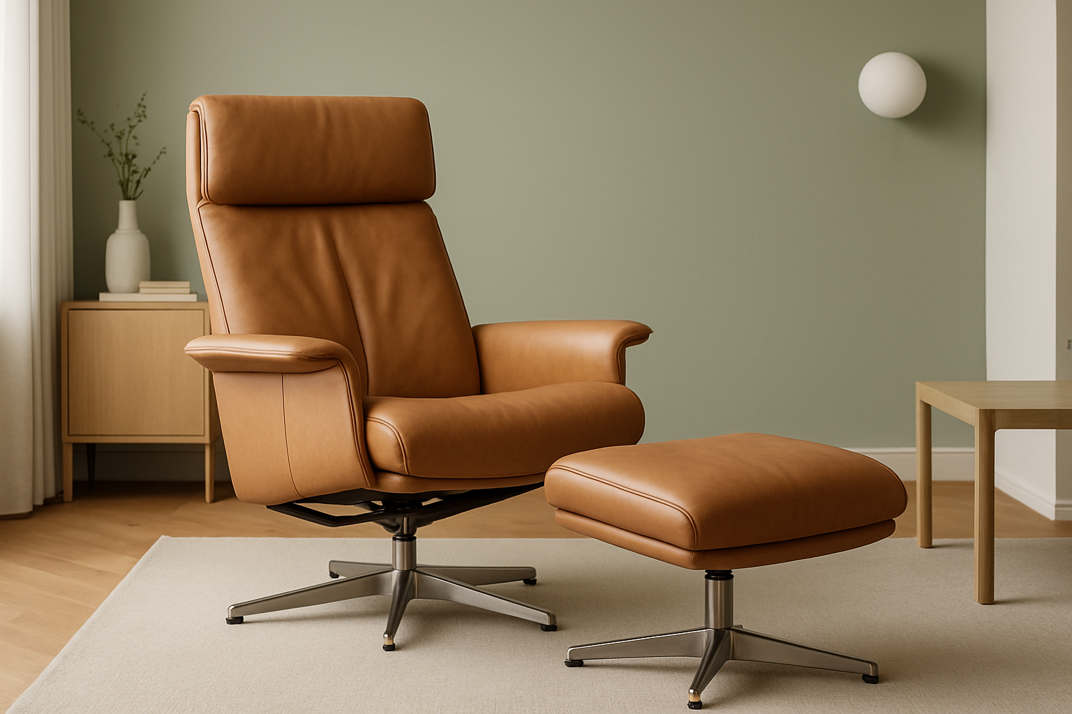Realistische goedkope moderne verstelbare fauteuil van leer in een moderne woonkameropstelling met een lichtgroene accentmuur.