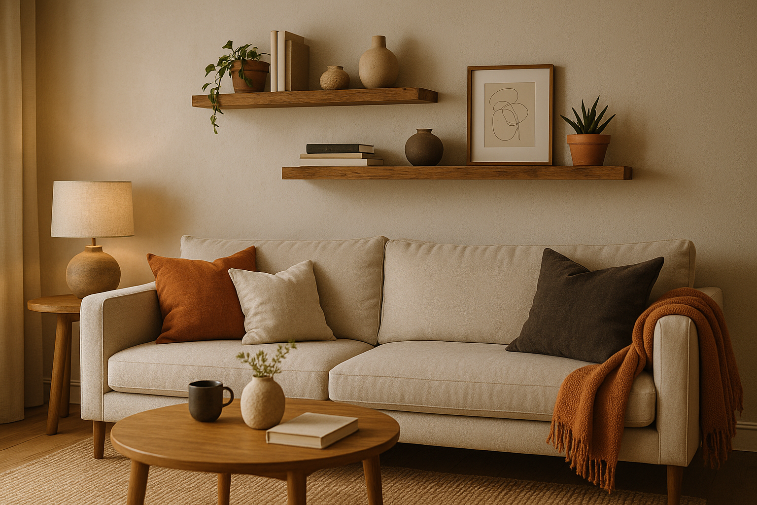 realistische trendy comfortabele woonkamer met 2 100 cm wandplanken van mangohout aan de muur.