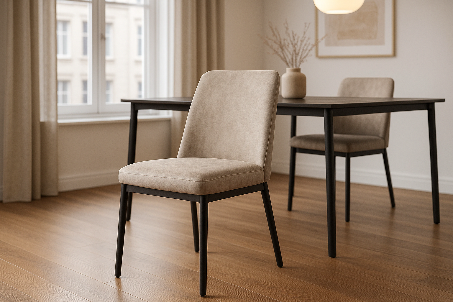 realistische moderne eetkamer met de focus op een eetkamerstoel van microvezel stof van De Friese Meubeljongens