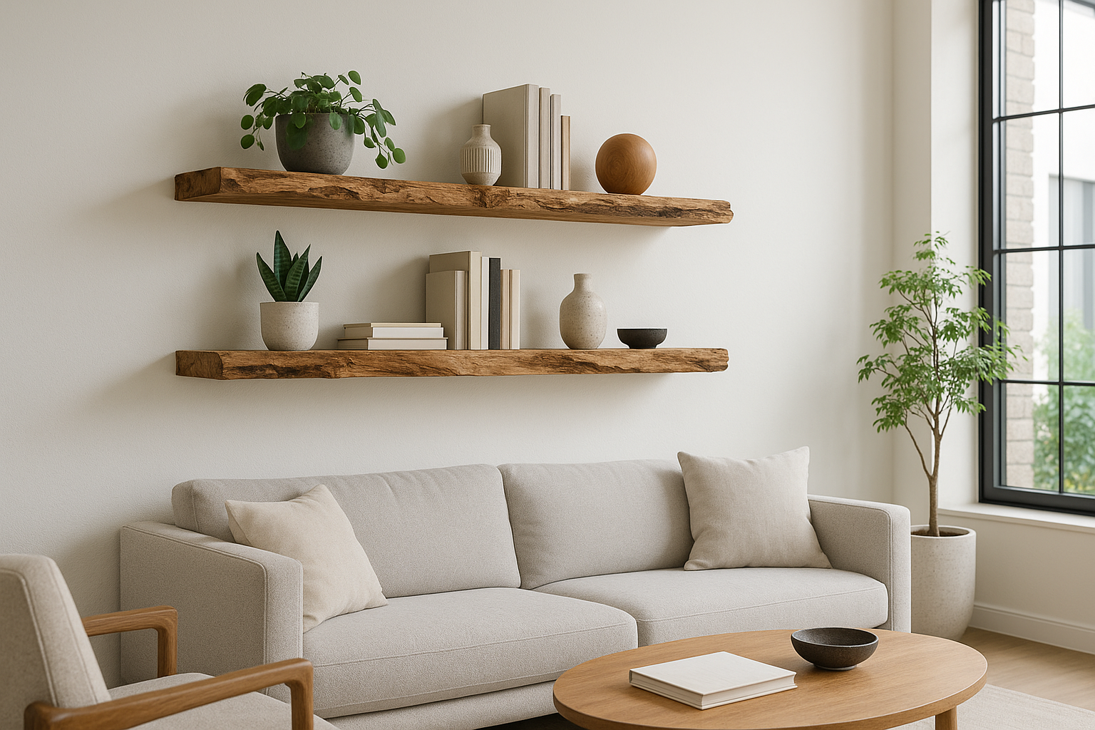 Ruwe eikenhouten planken in een muur in een moderne woonkamer.