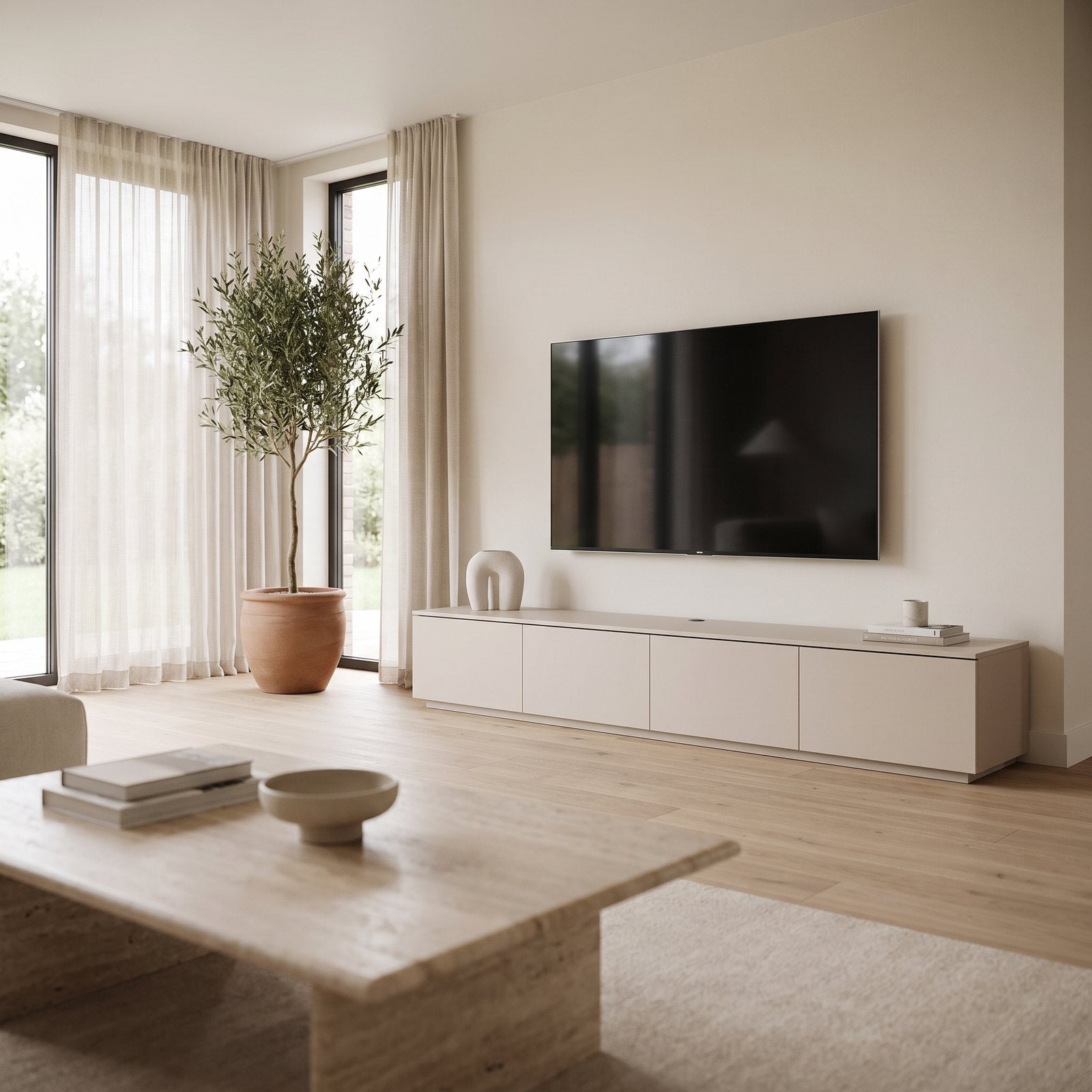 Sfeerfoto: TV-meubel Casa hoog met 4 klepdeuren (240 cm) in een moderne woonkamer