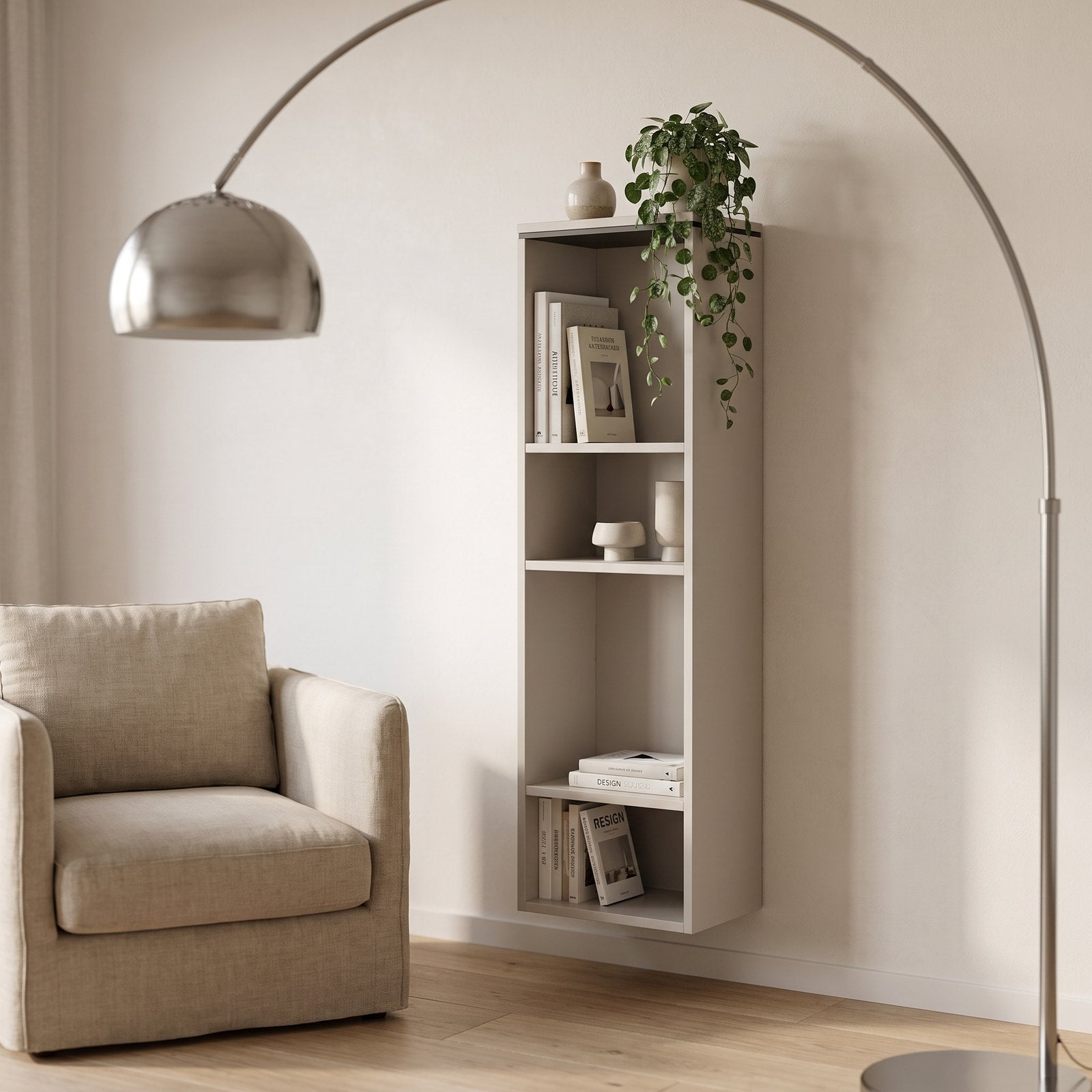 Sfeerfoto: wandkast Casa met 4 open vakken (33 cm) in een moderne leeshoek