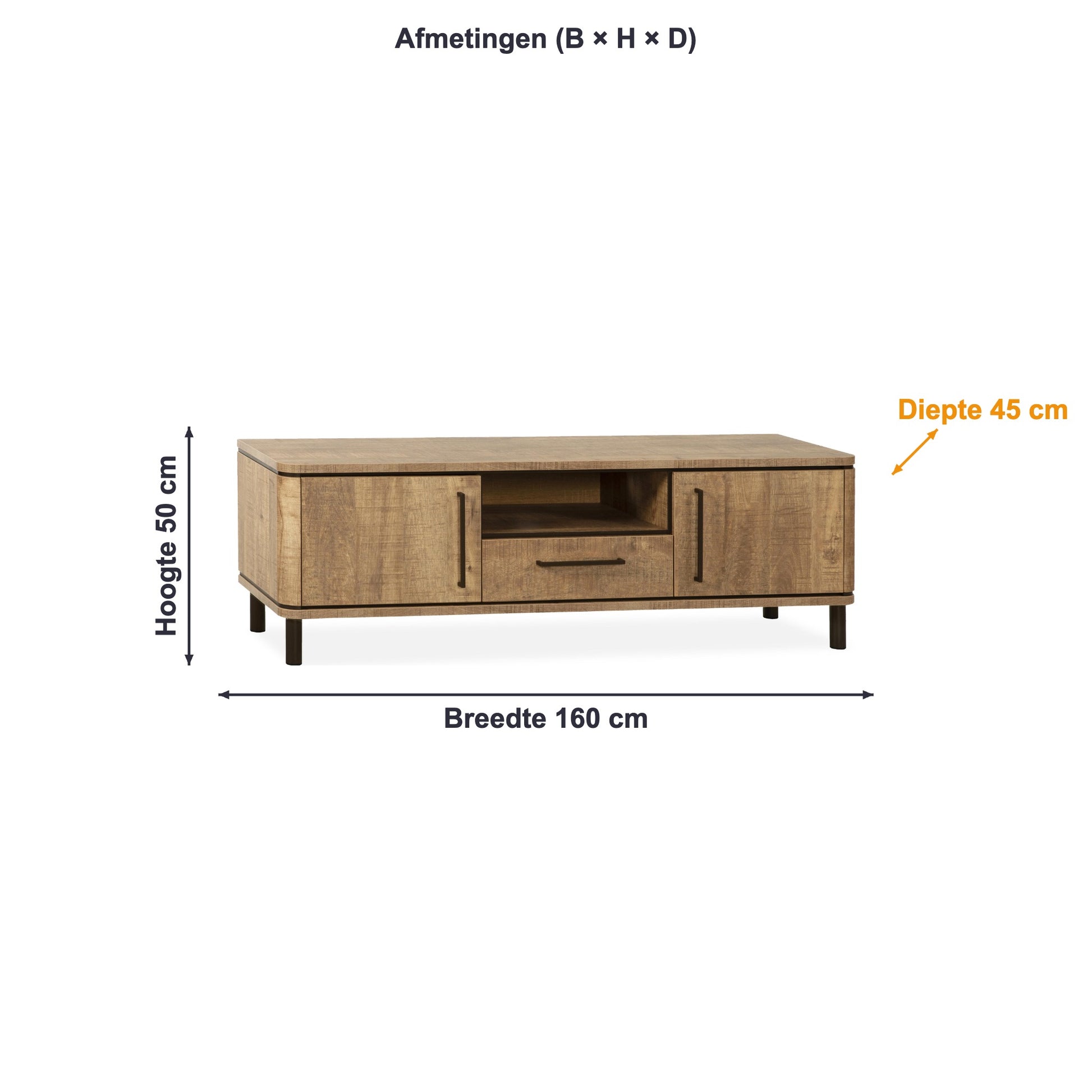 Afmetingen TV-meubel Capri midden: 160 × 50 × 45 cm