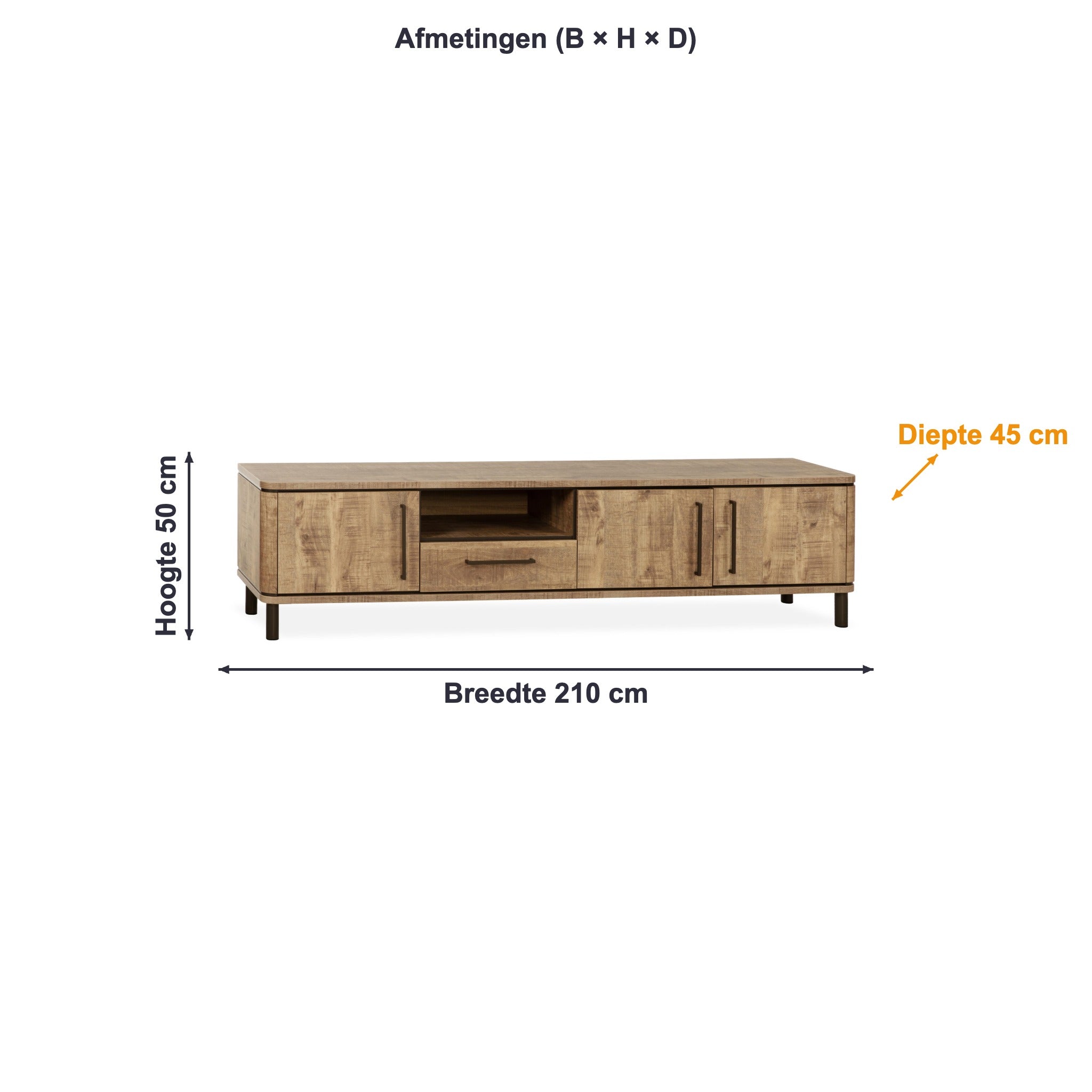 Afmetingen TV-meubel groot Capri: 210 × 50 × 45 cm