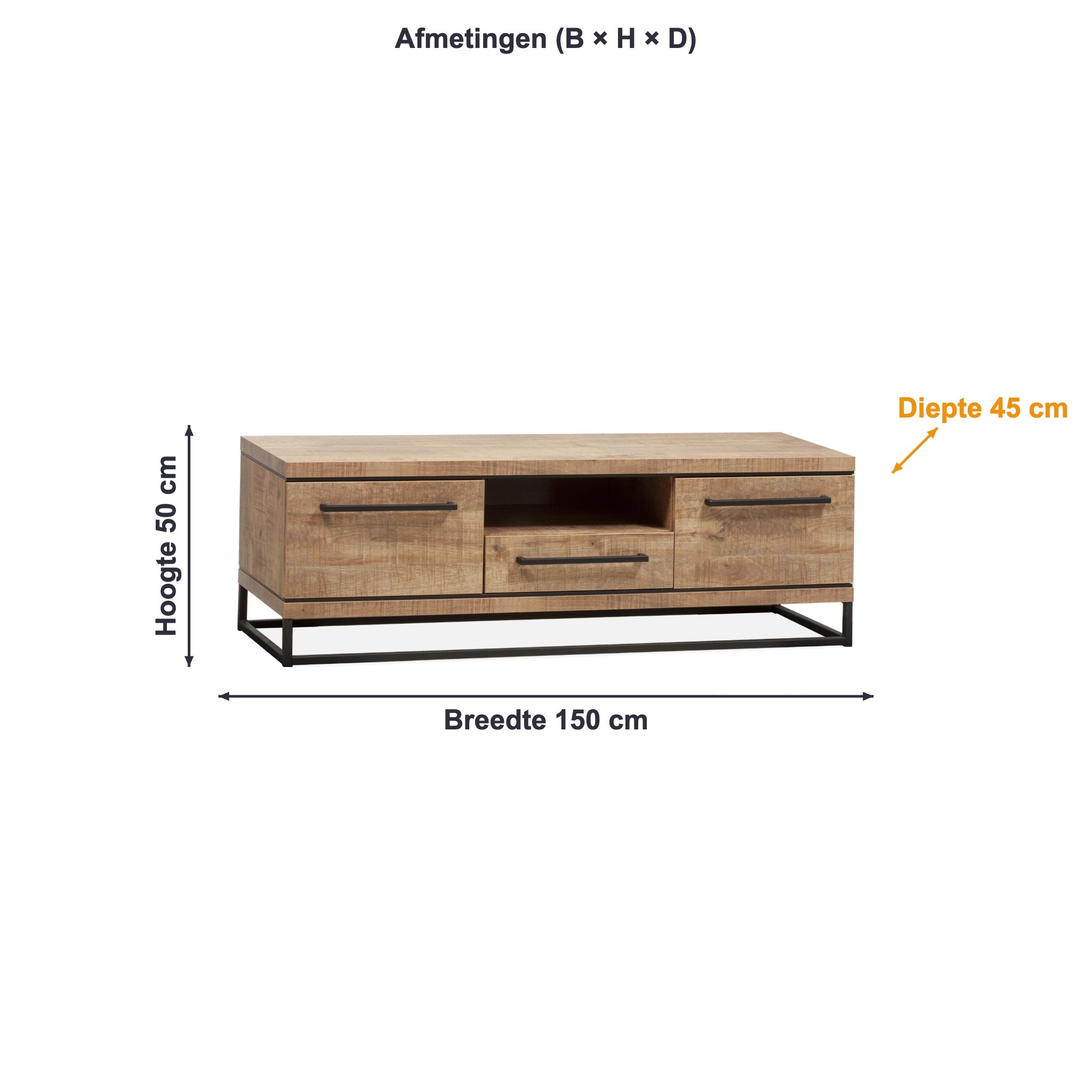 Afmetingen TV-meubel klein Lisbon: 150 × 50 × 45 cm