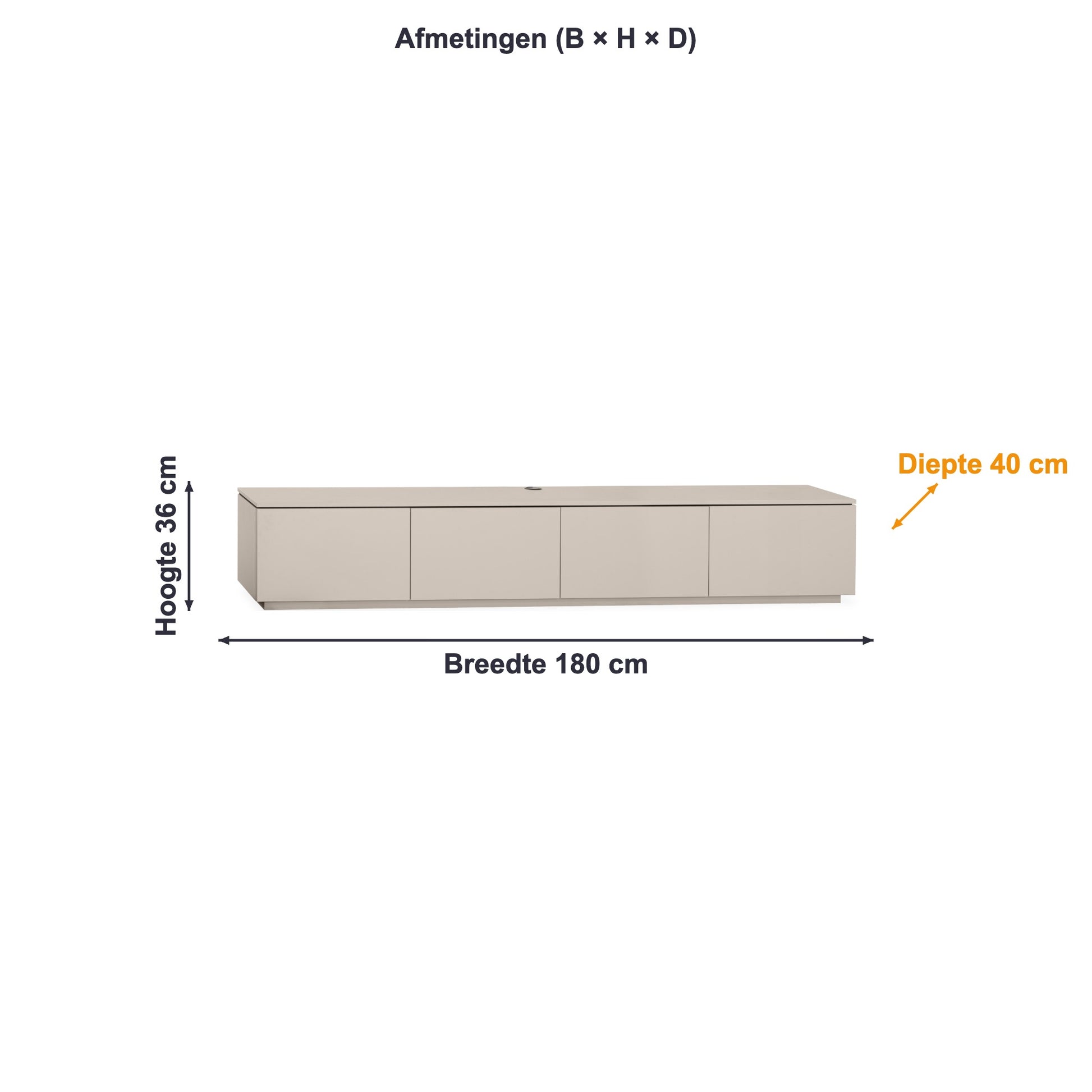 Afmetingen TV-meubel Strand hoog 3 klepdeuren: 180 × 36 × 40 cm