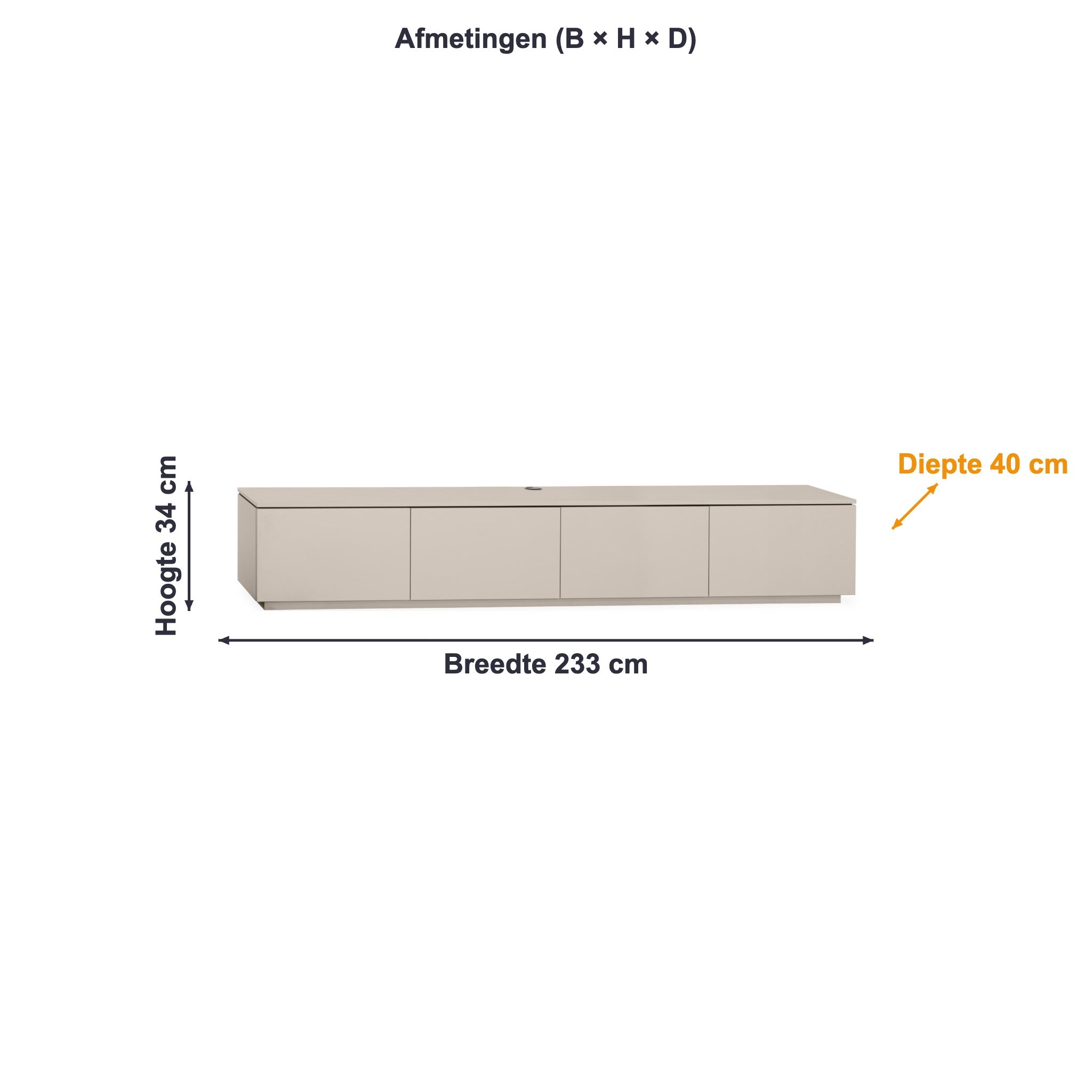 Afmetingen TV-meubel Strand plint 4 deuren: 233 × 34 × 40 cm
