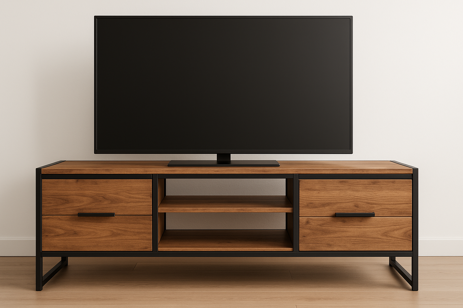 tv meubel 140 cm van mangohout en zwart metaal met tv er op.