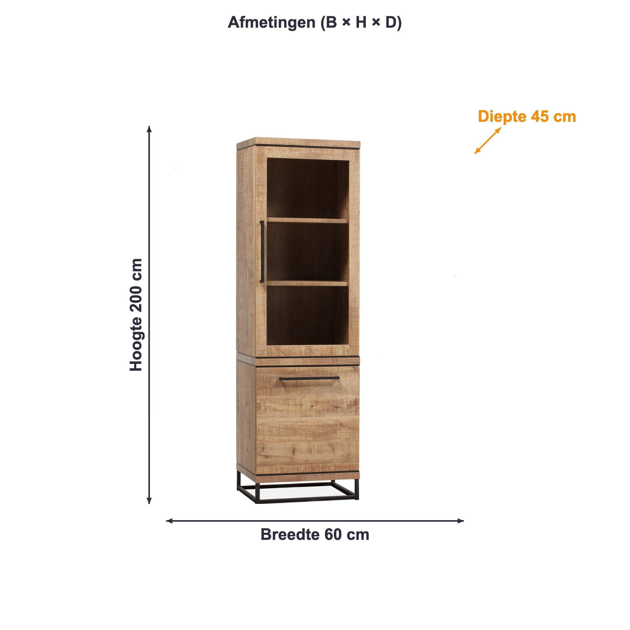 Afmetingen vitrinekast Lisbon: 60 × 200 × 45 cm