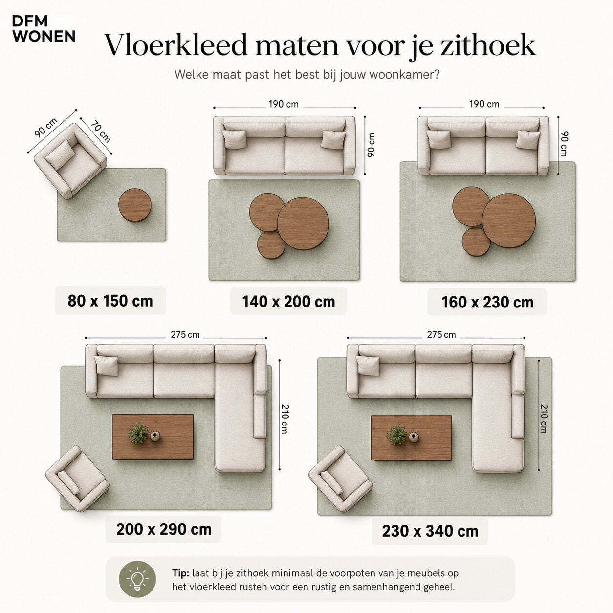 Vloerkleed maten voor je zithoek - maatgids DFM Wonen