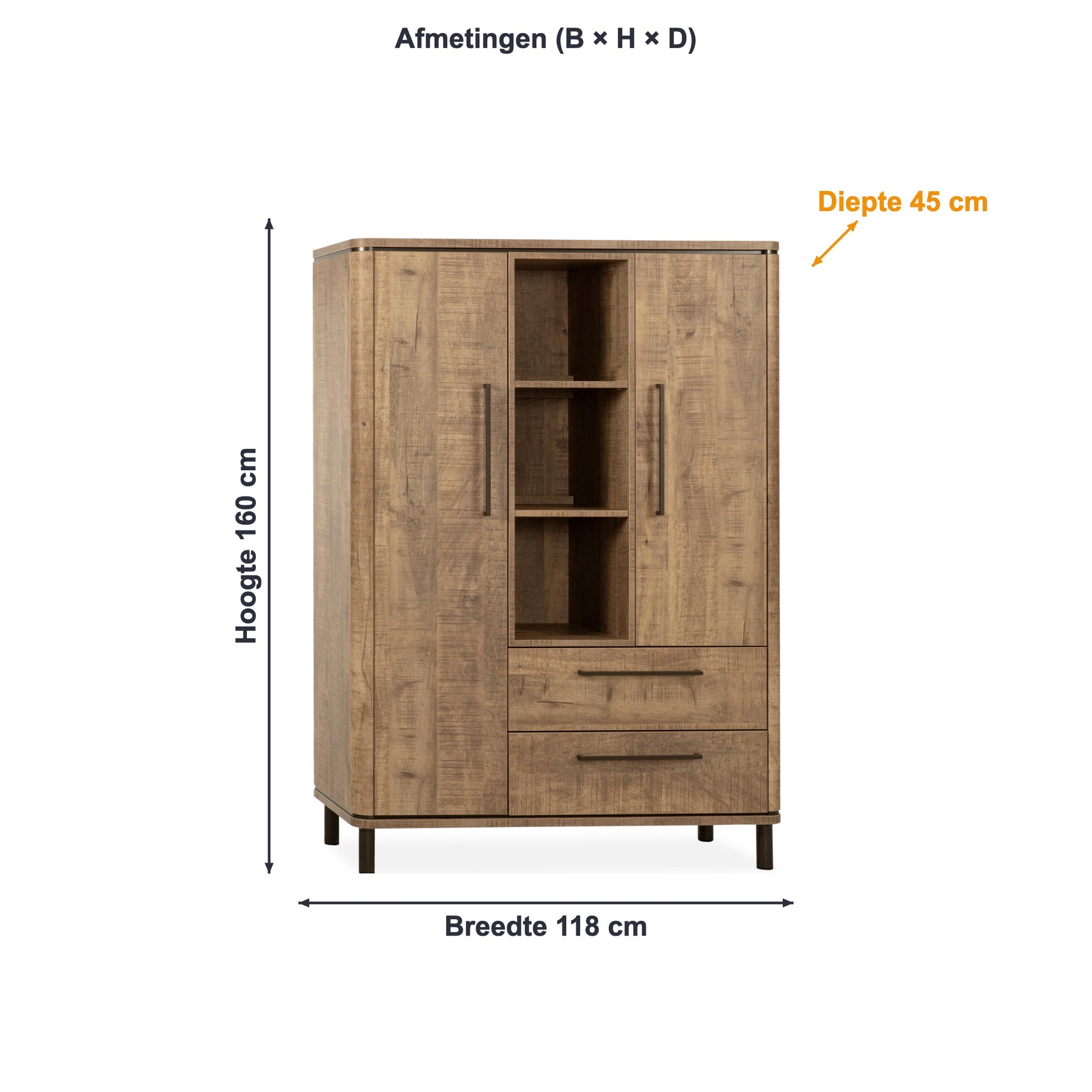 Afmetingen wandkast Capri: 118 × 160 × 45 cm
