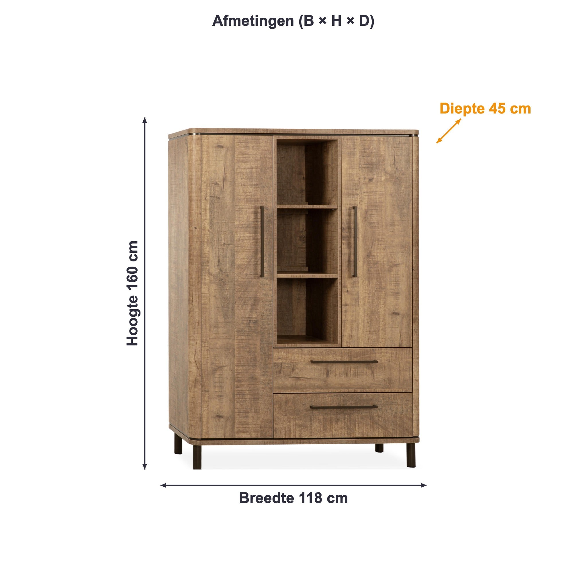 Afmetingen wandkast Capri: 118 × 160 × 45 cm