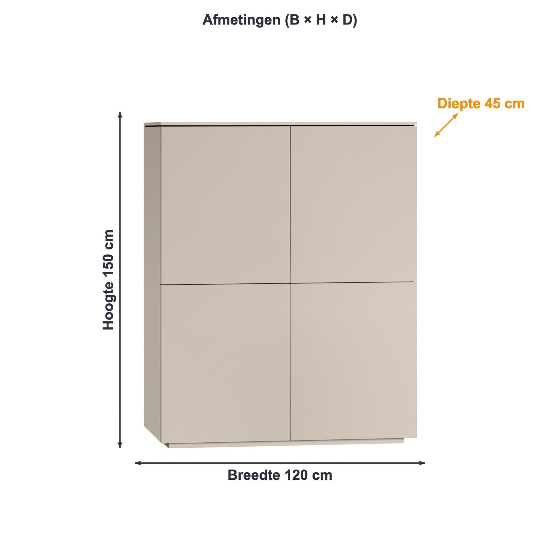 Afmetingen wandkast Strand 4 deuren: 120 × 150 × 45 cm