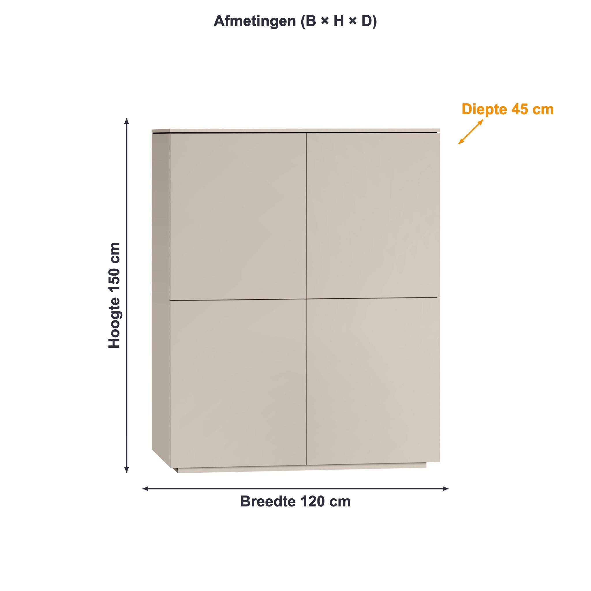 Afmetingen wandkast Strand 4 deuren: 120 × 150 × 45 cm