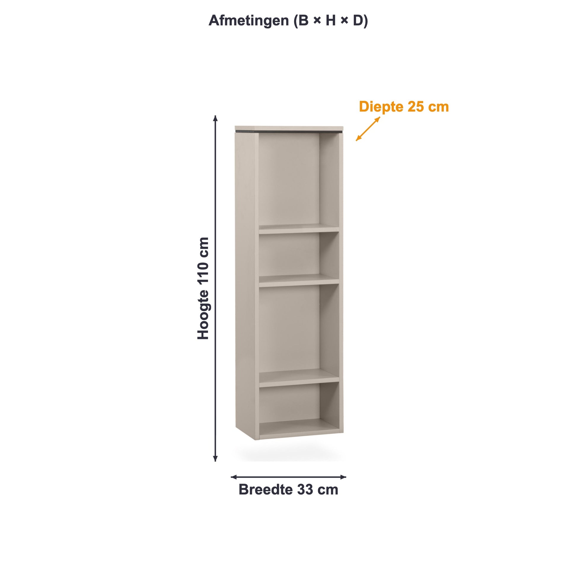 Afmetingen wandkast Strand 4 open vakken: 33 × 110 × 25 cm