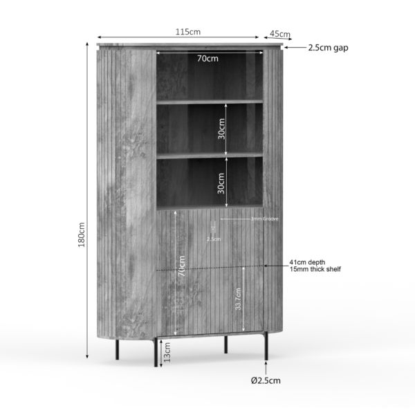Afmetingen Wandkast Vitrine Solana: 115 x 45 x 180 cm