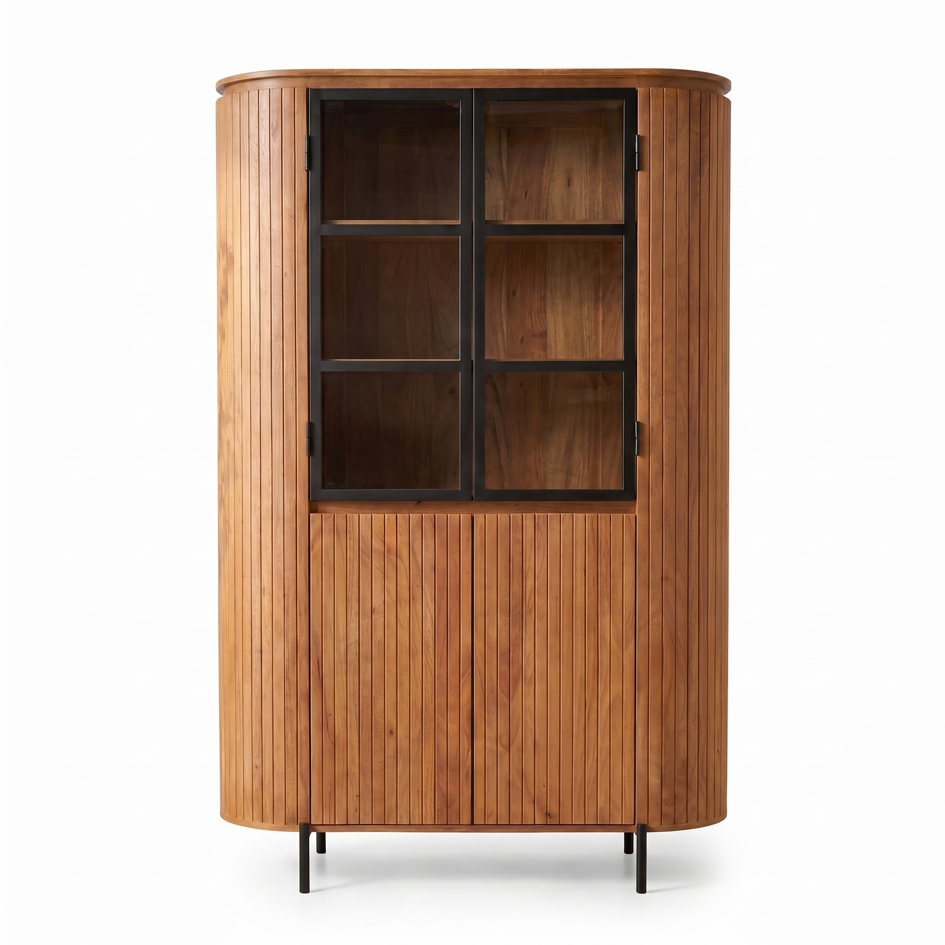Wandkast Vitrine Solana naturel mangohout met zwart-metalen glasdeuren – DFM Interiors
