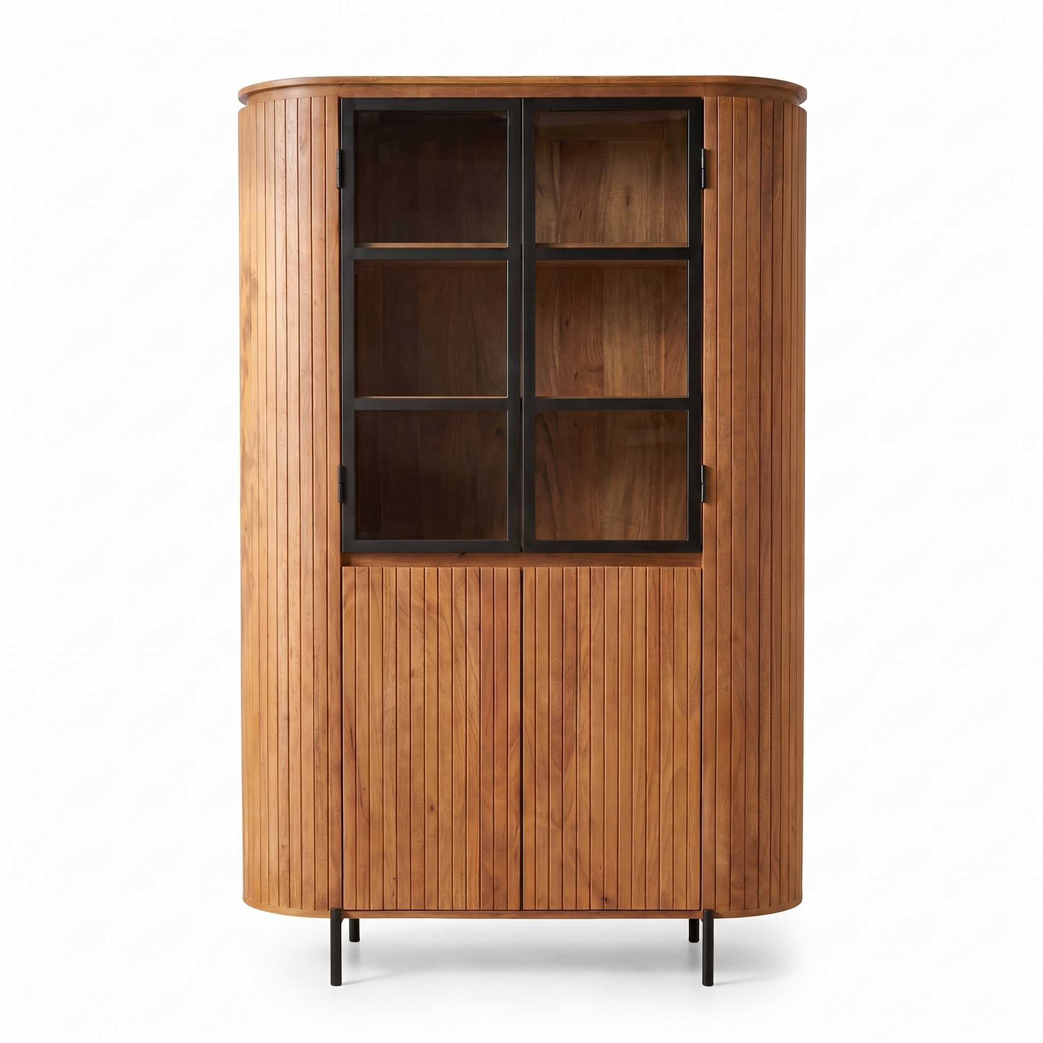Wandkast Vitrine Solana naturel mangohout met zwart-metalen glasdeuren – DFM Interiors