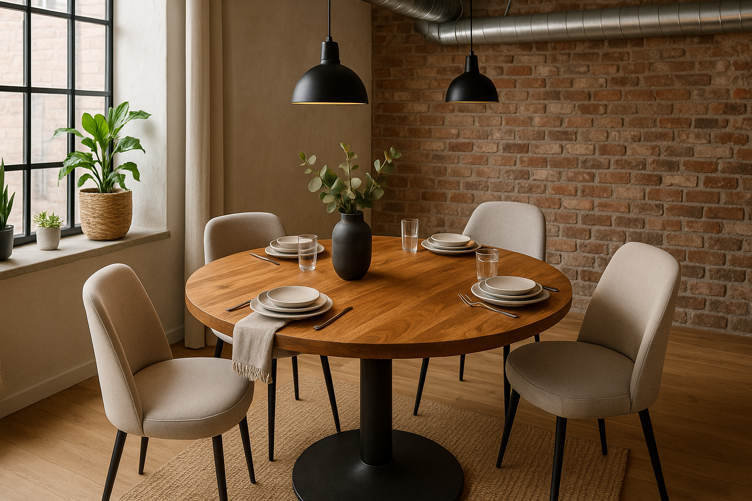 Ronde eettafel 130 cm mango hout met zwart metalen poot en 4 stoffen witte eetkamerstoelen er omheen in een modern industriële eetkamer.