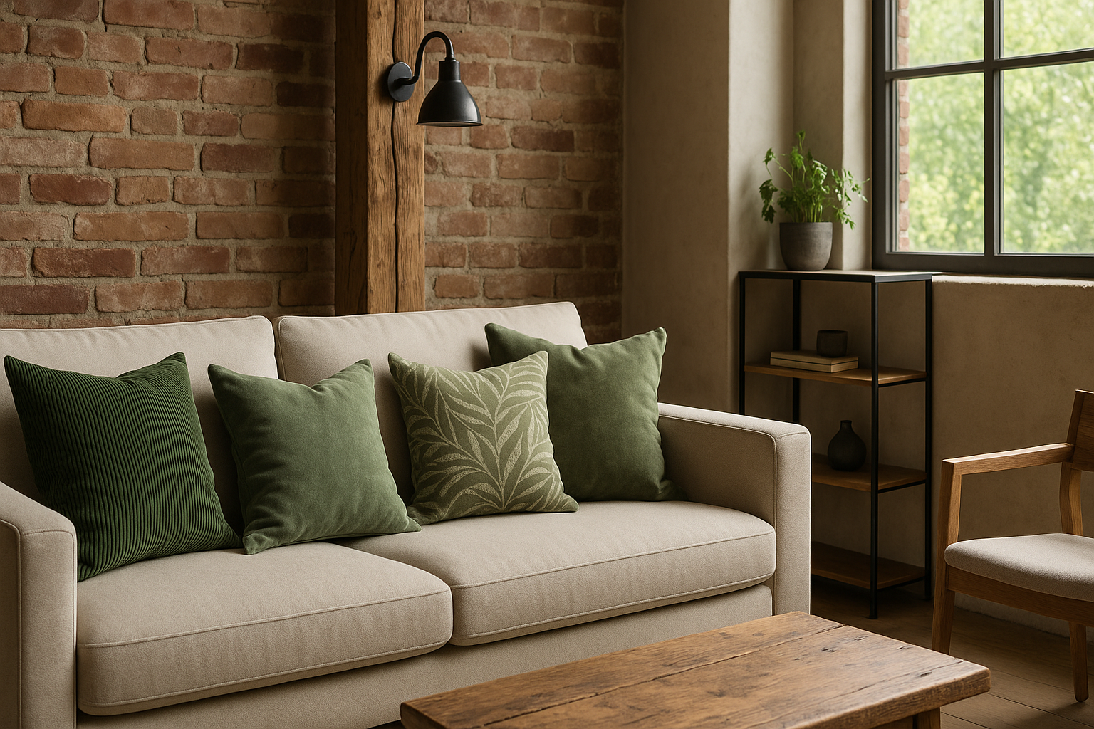 industriële woonkamer met groene kussens uit woonwinkels in friesland.
