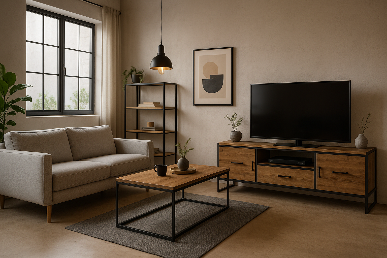woonkamer met bank en tv meubel 140 cm met moderne schandinavische industriele meubels.